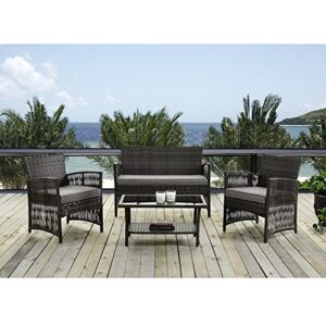 ids home 4 piece brown pattio furniture wicker conversation set, loveseat & 2 cushion chairs, glass coffee table for garden lawn poolside backyard