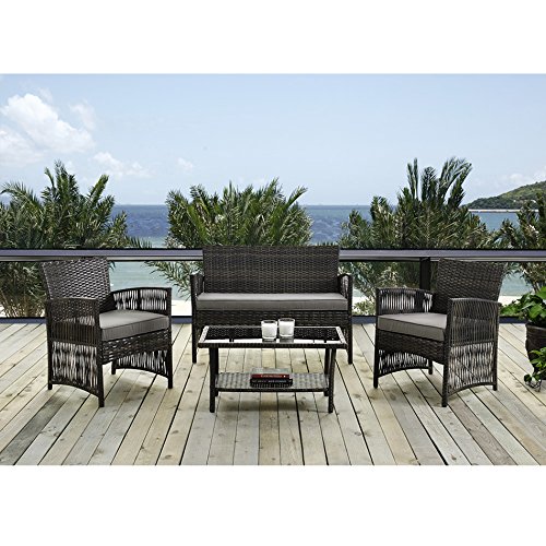 IDS Home 4 Piece Brown Pattio Furniture Wicker Conversation Set, Loveseat & 2 Cushion Chairs, Glass Coffee Table for Garden Lawn Poolside Backyard