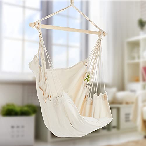 Project One Hanging Rope Hammock Chair, Hanging Rope Swing Seat with 2 Pillows, Carrying Bag, and Hardware Kit Perfect for Outdoor/Indoor Yard Deck Patio and Garden, 300 Pound Capacity (Light Grey)