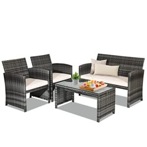 relax4life 4-piece wicker furniture set – hand-woven pe conversation set with cushions and tempered glass coffee table, outdoor rattan sofas for garden, poolside, backyard (white)