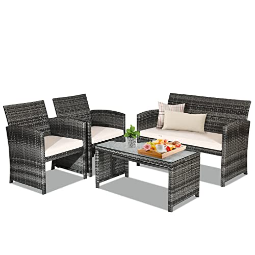 RELAX4LIFE 4-Piece Wicker Furniture Set - Hand-Woven PE Conversation Set with Cushions and Tempered Glass Coffee Table, Outdoor Rattan Sofas for Garden, Poolside, Backyard (White)