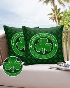 outdoor pillow covers waterproof, round green lucky clover throw pillowcase decorative cover, saint patrick checker backdrop garden cushion case set of 2 for sofa, couch, tent, patio 18″x18″