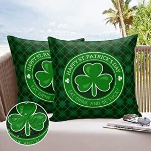 Outdoor Pillow Covers Waterproof, Round Green Lucky Clover Throw Pillowcase Decorative Cover, Saint Patrick Checker Backdrop Garden Cushion Case Set of 2 for Sofa, Couch, Tent, Patio 18"x18"