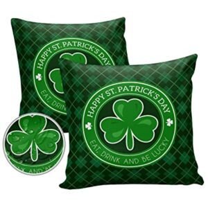 Outdoor Pillow Covers Waterproof, Round Green Lucky Clover Throw Pillowcase Decorative Cover, Saint Patrick Checker Backdrop Garden Cushion Case Set of 2 for Sofa, Couch, Tent, Patio 18"x18"