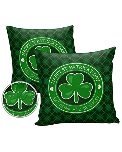 Outdoor Pillow Covers Waterproof, Round Green Lucky Clover Throw Pillowcase Decorative Cover, Saint Patrick Checker Backdrop Garden Cushion Case Set of 2 for Sofa, Couch, Tent, Patio 18"x18"