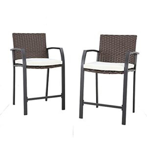 lokatse home 2 piece bar stools counter height chair patio furniture with armrest for garden pool lawn backyard, beige
