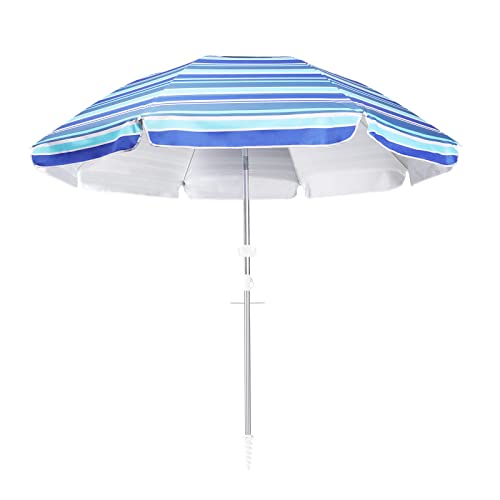 Beach Umbrella,LUHAHALU 7.5FT Beach Umbrellas for Sand Heavy Duty Wind Portable, UPF 50+ Sun Shelter with Tilt Sand Anchor and Carry Bag, Sunshade Umbrella for Patio Outdoor Garden Beach(Silver Coated Blue Striped)