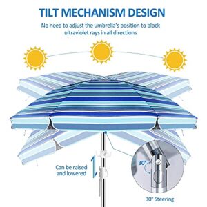 Beach Umbrella,LUHAHALU 7.5FT Beach Umbrellas for Sand Heavy Duty Wind Portable, UPF 50+ Sun Shelter with Tilt Sand Anchor and Carry Bag, Sunshade Umbrella for Patio Outdoor Garden Beach(Silver Coated Blue Striped)