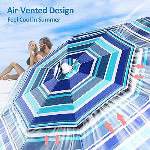 Beach Umbrella,LUHAHALU 7.5FT Beach Umbrellas for Sand Heavy Duty Wind Portable, UPF 50+ Sun Shelter with Tilt Sand Anchor and Carry Bag, Sunshade Umbrella for Patio Outdoor Garden Beach(Silver Coated Blue Striped)