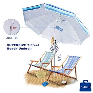 Beach Umbrella,LUHAHALU 7.5FT Beach Umbrellas for Sand Heavy Duty Wind Portable, UPF 50+ Sun Shelter with Tilt Sand Anchor and Carry Bag, Sunshade Umbrella for Patio Outdoor Garden Beach(Silver Coated Blue Striped)