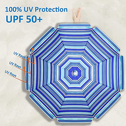 Beach Umbrella,LUHAHALU 7.5FT Beach Umbrellas for Sand Heavy Duty Wind Portable, UPF 50+ Sun Shelter with Tilt Sand Anchor and Carry Bag, Sunshade Umbrella for Patio Outdoor Garden Beach(Silver Coated Blue Striped)