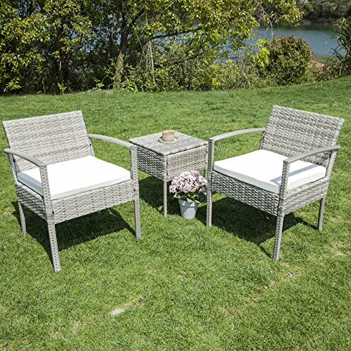 IJIALIFE 3 Pieces Patio Furniture Set, Indoor/Outdoor Patio Rattan Wicker Conversation Bistro Set for Garden Balcony Backyard Porch Lawn, Grey Rattan & White Cushion