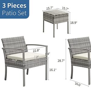 IJIALIFE 3 Pieces Patio Furniture Set, Indoor/Outdoor Patio Rattan Wicker Conversation Bistro Set for Garden Balcony Backyard Porch Lawn, Grey Rattan & White Cushion