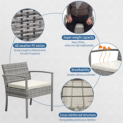 IJIALIFE 3 Pieces Patio Furniture Set, Indoor/Outdoor Patio Rattan Wicker Conversation Bistro Set for Garden Balcony Backyard Porch Lawn, Grey Rattan & White Cushion