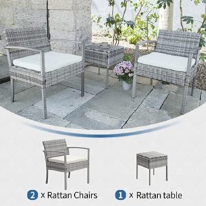 IJIALIFE 3 Pieces Patio Furniture Set, Indoor/Outdoor Patio Rattan Wicker Conversation Bistro Set for Garden Balcony Backyard Porch Lawn, Grey Rattan & White Cushion