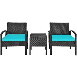 3 pcs outdoor conversation set patio rattan furniture set 2 single sofa 1 coffee table with hidden storage compartment turquoise soft cushions perfect for garden backyard deck balcony poolside use