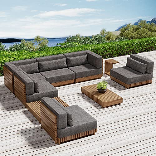 JiuZhuo 9 Pieces Outdoor Patio Furniture Sectional Conversation Set Modern L Shape Teak Outdoor Sectional Sofa Set with Wood Coffee Table in Gray(6-Pieces Sofa and 3-Pieces Table)