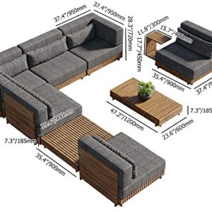 JiuZhuo 9 Pieces Outdoor Patio Furniture Sectional Conversation Set Modern L Shape Teak Outdoor Sectional Sofa Set with Wood Coffee Table in Gray(6-Pieces Sofa and 3-Pieces Table)