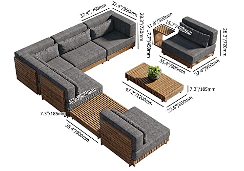 JiuZhuo 9 Pieces Outdoor Patio Furniture Sectional Conversation Set Modern L Shape Teak Outdoor Sectional Sofa Set with Wood Coffee Table in Gray(6-Pieces Sofa and 3-Pieces Table)