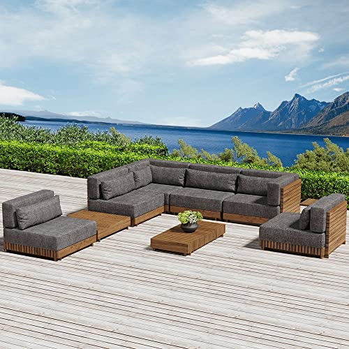 JiuZhuo 9 Pieces Outdoor Patio Furniture Sectional Conversation Set Modern L Shape Teak Outdoor Sectional Sofa Set with Wood Coffee Table in Gray(6-Pieces Sofa and 3-Pieces Table)