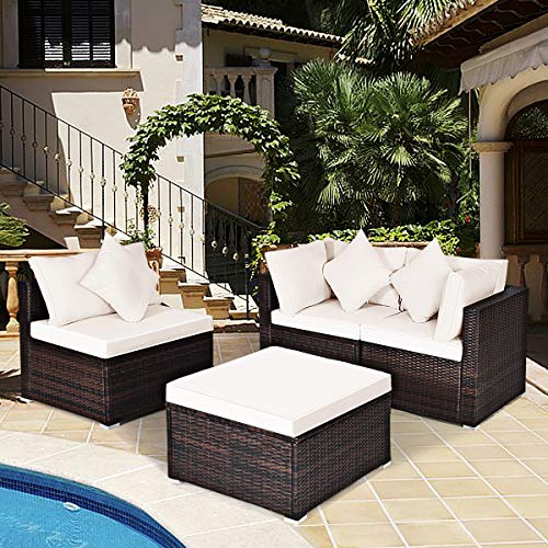 HAPPYGRILL 4-Pieces Patio Furniture Set Rattan Wicker Conversation Set with Ottoman Outdoor Sectional Sofa Set with Cushion & Pillow for Garden Lawn Balcony Backyard