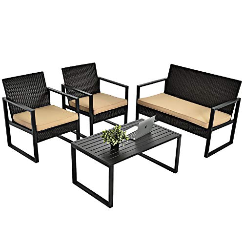 Tangkula 4-Piece Patio Rattan Furniture Set, Outdoor Conversation Set w/Seat Cushions & Coffee Table, Sturdy Metal Frame, Sectional Wicker Sofa Set for Garden, Backyard, Poolside (1, Light Brown)