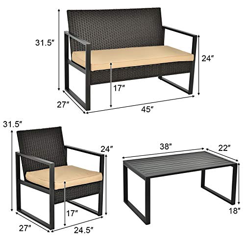 Tangkula 4-Piece Patio Rattan Furniture Set, Outdoor Conversation Set w/Seat Cushions & Coffee Table, Sturdy Metal Frame, Sectional Wicker Sofa Set for Garden, Backyard, Poolside (1, Light Brown)