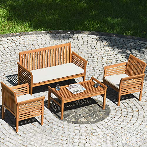 Tangkula 4 Piece Outdoor Acacia Wood Sofa Set w/Water Resistant Cushions, Padded Patio Conversation Table Chair Set w/Coffee Table for Garden, Backyard, Poolside (2)