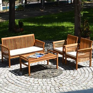 Tangkula 4 Piece Outdoor Acacia Wood Sofa Set w/Water Resistant Cushions, Padded Patio Conversation Table Chair Set w/Coffee Table for Garden, Backyard, Poolside (2)