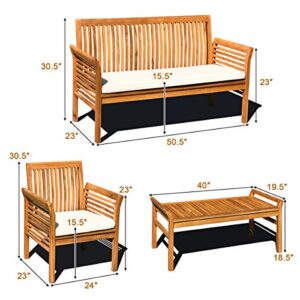 Tangkula 4 Piece Outdoor Acacia Wood Sofa Set w/Water Resistant Cushions, Padded Patio Conversation Table Chair Set w/Coffee Table for Garden, Backyard, Poolside (2)