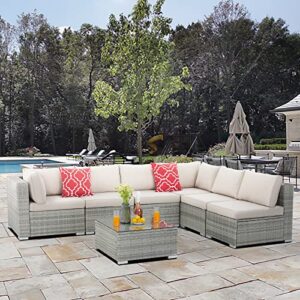 soarflash 7 pieces outdoor patio furniture set, all-weather rattan sectional sofa wicker conversation set with cushion, coffee table for garden, backyard,poolside(beige)