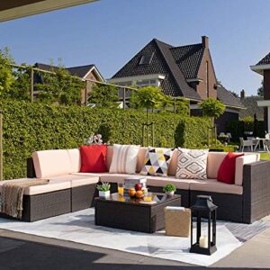 kaimeng 7 piece outdoor rattan sectional sofa lawn patio furniture sets, black brown wicker sectional sofa conversation set with seat cushions pillows