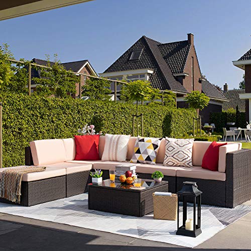 KaiMeng 7 Piece Outdoor Rattan Sectional Sofa Lawn Patio Furniture Sets, Black Brown Wicker Sectional Sofa Conversation Set with Seat Cushions Pillows