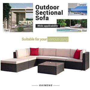 KaiMeng 7 Piece Outdoor Rattan Sectional Sofa Lawn Patio Furniture Sets, Black Brown Wicker Sectional Sofa Conversation Set with Seat Cushions Pillows