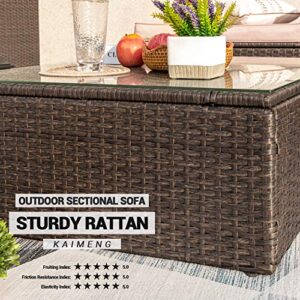 KaiMeng 7 Piece Outdoor Rattan Sectional Sofa Lawn Patio Furniture Sets, Black Brown Wicker Sectional Sofa Conversation Set with Seat Cushions Pillows