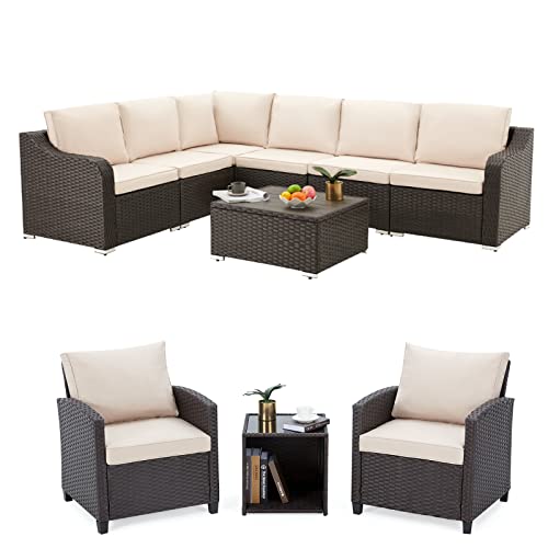 JOMEED 10-Pieces Patio Furniture Sets Rattan Wicker Outdoor Sectional Furniture Set Conversation Sofa Set with Table & Thick Cushion (10-Pieces Beige)