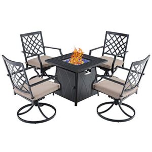 phi villa 28″ gas fire pit table patio furniture set, 50000 btu auto-ignition outdoor propane gas fire pit square table with 4 patio swivel chairs for patio, yard, deck