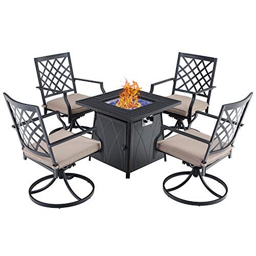 PHI VILLA 28" Gas Fire Pit Table Patio Furniture Set, 50000 BTU Auto-Ignition Outdoor Propane Gas Fire Pit Square Table with 4 Patio Swivel Chairs for Patio, Yard, Deck