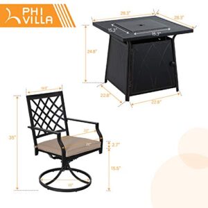 PHI VILLA 28" Gas Fire Pit Table Patio Furniture Set, 50000 BTU Auto-Ignition Outdoor Propane Gas Fire Pit Square Table with 4 Patio Swivel Chairs for Patio, Yard, Deck