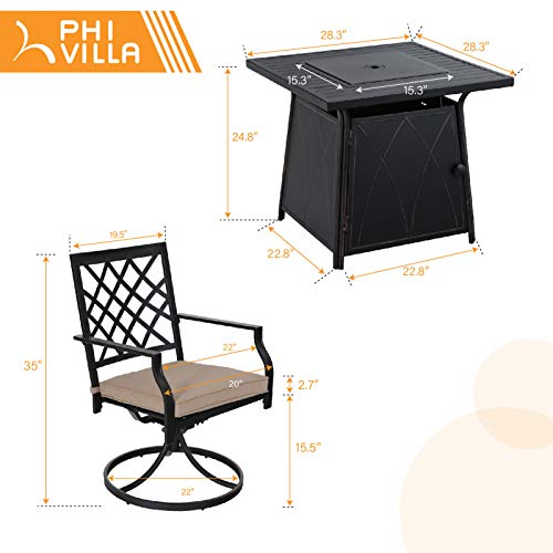 PHI VILLA 28" Gas Fire Pit Table Patio Furniture Set, 50000 BTU Auto-Ignition Outdoor Propane Gas Fire Pit Square Table with 4 Patio Swivel Chairs for Patio, Yard, Deck