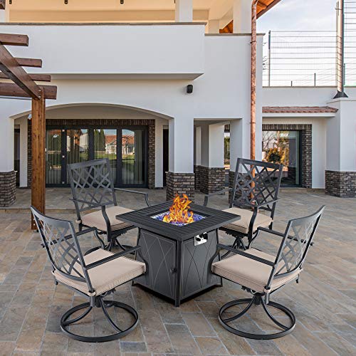 PHI VILLA 28" Gas Fire Pit Table Patio Furniture Set, 50000 BTU Auto-Ignition Outdoor Propane Gas Fire Pit Square Table with 4 Patio Swivel Chairs for Patio, Yard, Deck