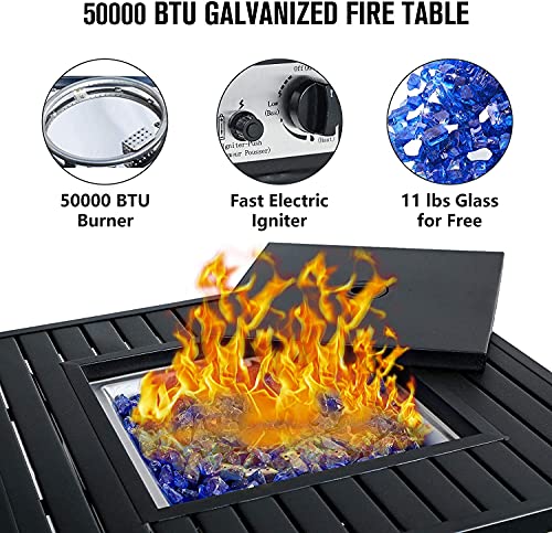 PHI VILLA 28" Gas Fire Pit Table Patio Furniture Set, 50000 BTU Auto-Ignition Outdoor Propane Gas Fire Pit Square Table with 4 Patio Swivel Chairs for Patio, Yard, Deck