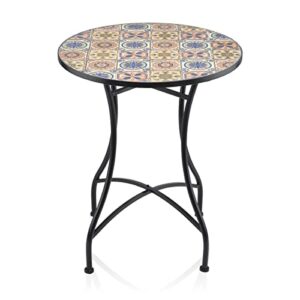 Alpine Corporation Alpine Indoor/Outdoor Mediterranean Tile Design Set Table and Chairs Patio Seating Garden Furniture, Multicolor