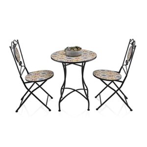 Alpine Corporation Alpine Indoor/Outdoor Mediterranean Tile Design Set Table and Chairs Patio Seating Garden Furniture, Multicolor