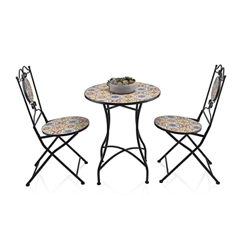 Alpine Corporation Alpine Indoor/Outdoor Mediterranean Tile Design Set Table and Chairs Patio Seating Garden Furniture, Multicolor