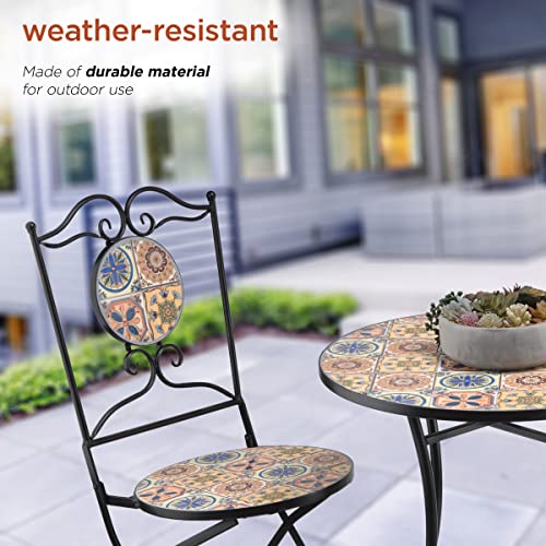 Alpine Corporation Alpine Indoor/Outdoor Mediterranean Tile Design Set Table and Chairs Patio Seating Garden Furniture, Multicolor