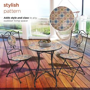 Alpine Corporation Alpine Indoor/Outdoor Mediterranean Tile Design Set Table and Chairs Patio Seating Garden Furniture, Multicolor