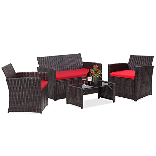 Saemoza Patio Furniture Set, 4 Piece Outdoor Wicker Rattan Patio Furniture with Tempered Glass Tabletop, Brown Wicker| Red Cushions for Outdoor Garden