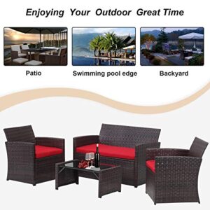 Saemoza Patio Furniture Set, 4 Piece Outdoor Wicker Rattan Patio Furniture with Tempered Glass Tabletop, Brown Wicker| Red Cushions for Outdoor Garden