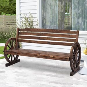 kinbor wooden rustic wagon wheel bench, outdoor bench seat, patio 2-person bench with backrest
